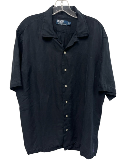 Polo Size L Black Linen Solid Buttons Men's Short Sleeve Black / L