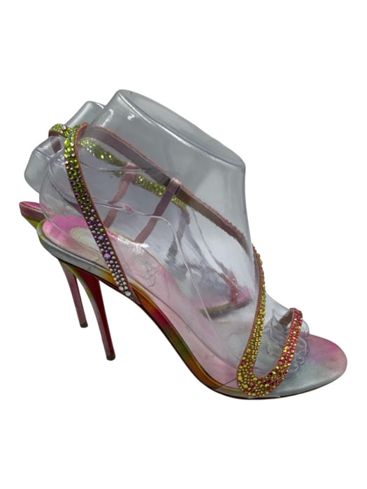 Christian Louboutin Shoe Size 38.5 Pink & Green Satin Rhinestone Sandals Pink & Green / 38.5