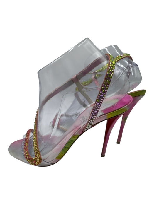 Christian Louboutin Shoe Size 38.5 Pink & Green Satin Rhinestone Sandals Pink & Green / 38.5