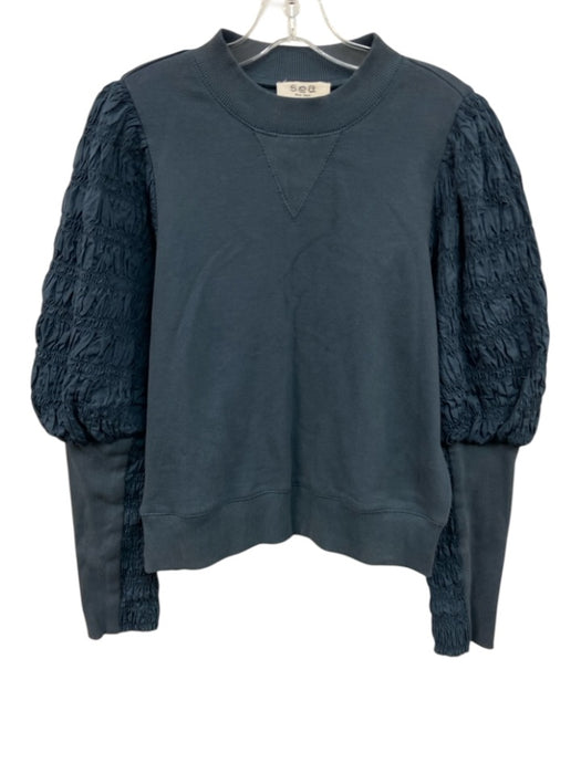 Sea New York Size S Blue Cotton smocked sleeves High Neck Long Sleeve Sweater Blue / S