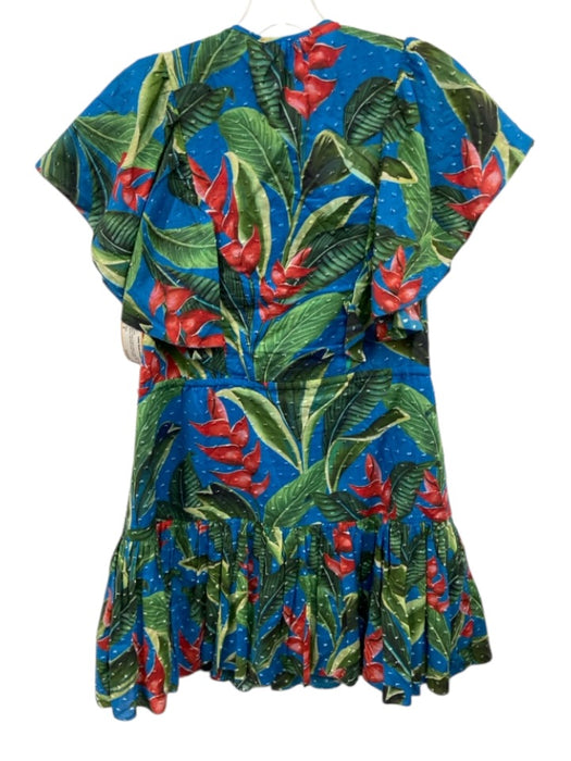 Farm Size S Blue, Green & Multi Cotton Ruffle Cap Sleeve Split Neck Floral Dress Blue, Green & Multi / S