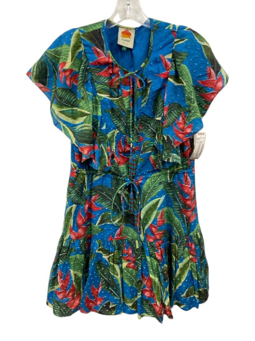 Farm Size S Blue, Green & Multi Cotton Ruffle Cap Sleeve Split Neck Floral Dress Blue, Green & Multi / S