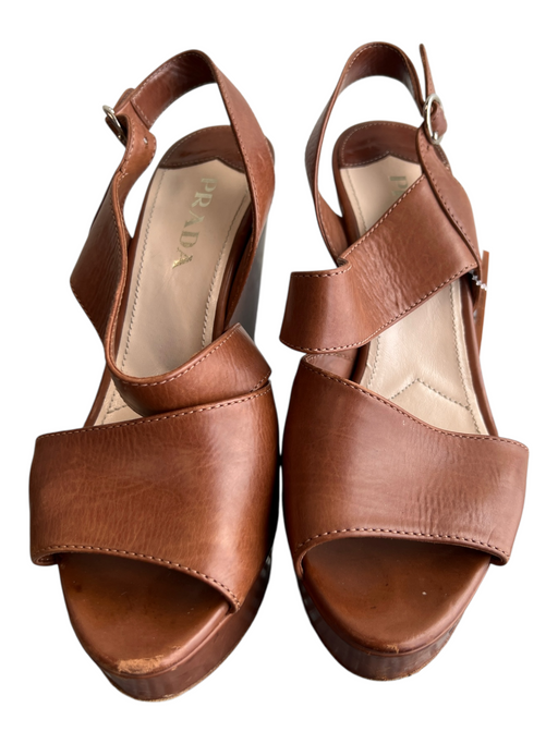 Prada Shoe Size 36 Brown Leather open toe Cross Strap Ankle Strap Platform Heels Brown / 36
