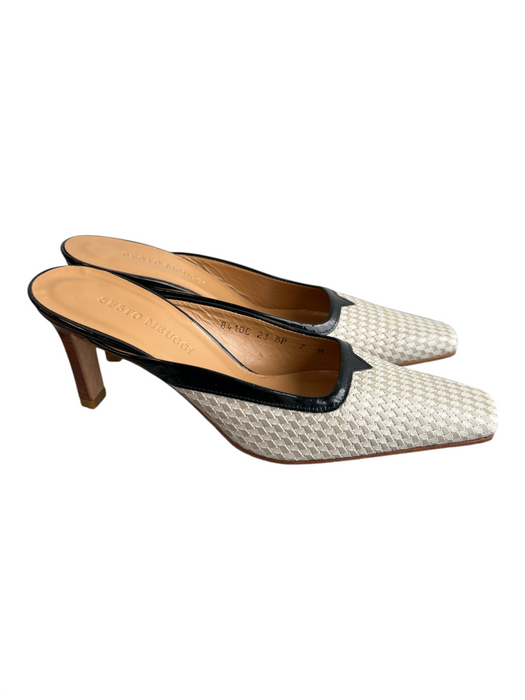 Sesto Meucci Shoe Size 7 Beige & Black Canvas Square Pointed Toe Woven Heels Beige & Black / 7
