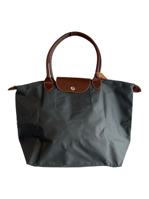 Longchamp Gray & Brown Canvas Gold hardware Button Zip closure Shoulder Bag Bag Gray & Brown / S