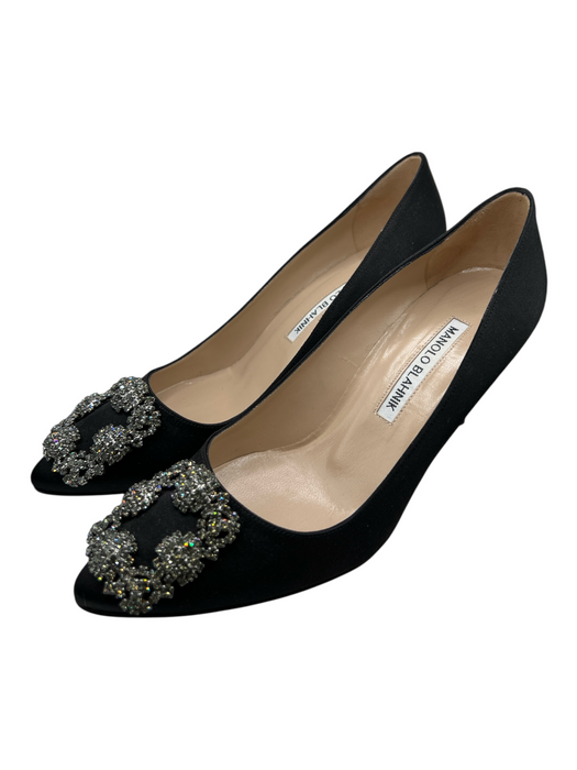 Manolo Blahnik Shoe Size 36.5 Black Satin Crystal Encrusted Square Buckle Shoes Black / 36.5