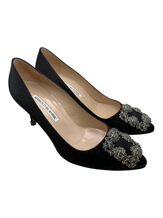 Manolo Blahnik Shoe Size 36.5 Black Satin Crystal Encrusted Square Buckle Shoes Black / 36.5