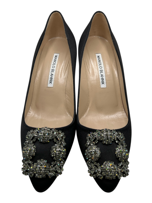 Manolo Blahnik Shoe Size 36.5 Black Satin Crystal Encrusted Square Buckle Shoes Black / 36.5