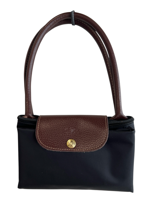 Longchamp Black & Brown Canvas Gold hardware Button Zip closure Shoulder Bag Bag Black & Brown / S
