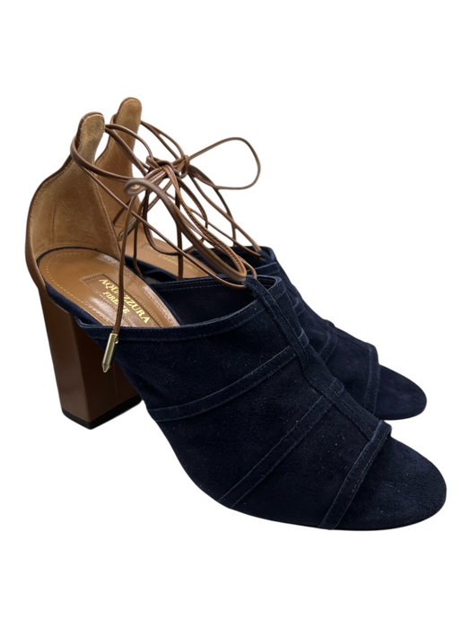 Aquazzura Shoe Size 36.5 Navy & Brown Suede open toe Block Heel Ankle Tie Shoes Navy & Brown / 36.5