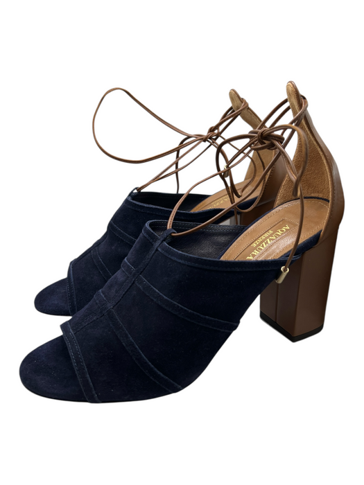 Aquazzura Shoe Size 36.5 Navy & Brown Suede open toe Block Heel Ankle Tie Shoes Navy & Brown / 36.5