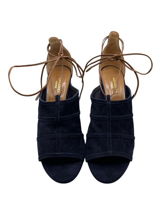 Aquazzura Shoe Size 36.5 Navy & Brown Suede open toe Block Heel Ankle Tie Shoes Navy & Brown / 36.5