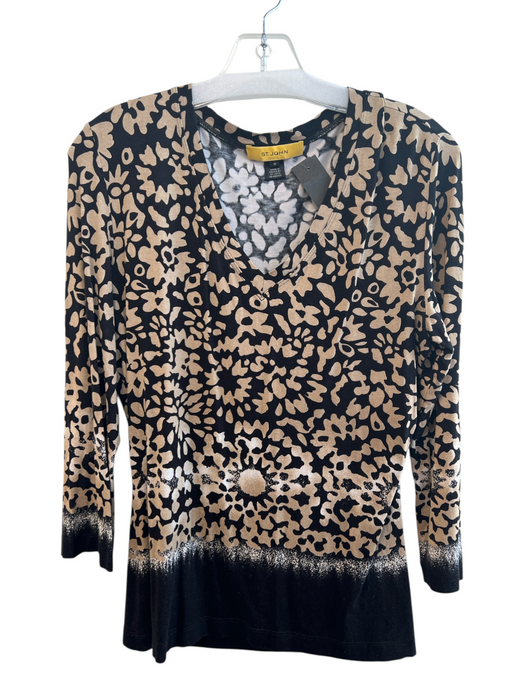 St John Size M Black & Yellow Rayon Half Sleeve Floral Print Scoop Neck Top Black & Yellow / M