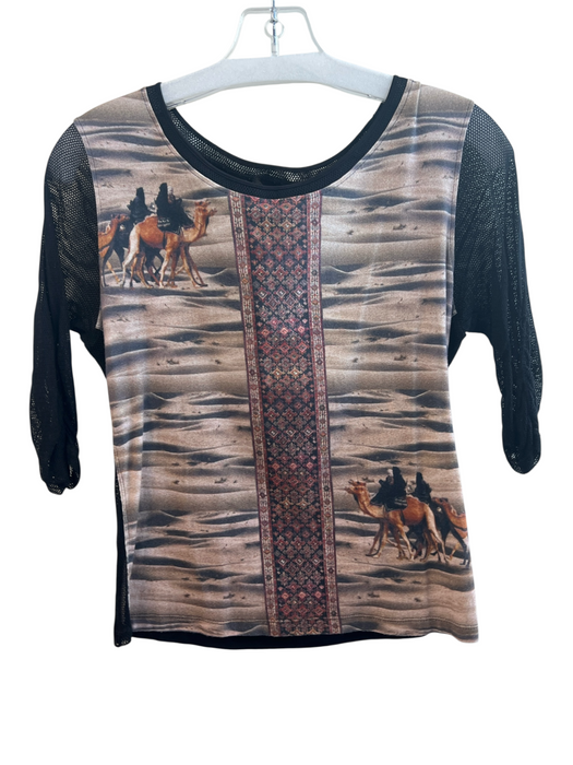Marccain Size Est M Black & Multi Cotton Blend Half Sleeve Mesh Detail Print Top Black & Multi / Est M
