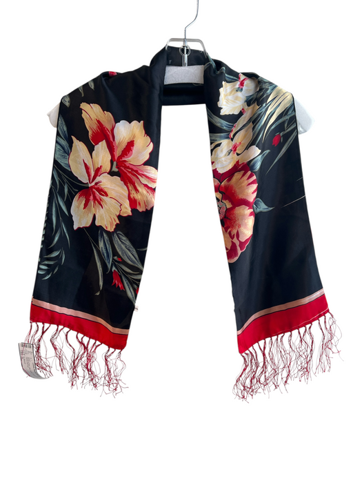 No Brand Black & Red Silk Floral Tassle Detail scarf Black & Red / S