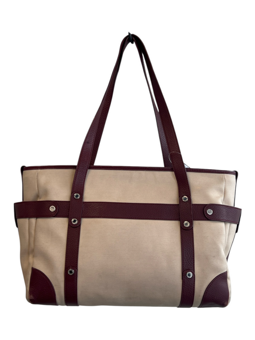 Bvlgari Beige Canvas Leather trim Logo Plaque Top Zip Tote Purse Beige