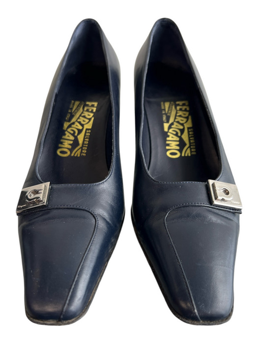 Salvatore Ferragamo Shoe Size 6.5 Navy Blue Leather Pointed Square Toe Heels Navy Blue / 6.5