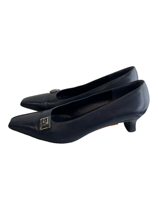 Salvatore Ferragamo Shoe Size 6.5 Navy Blue Leather Pointed Square Toe Heels Navy Blue / 6.5