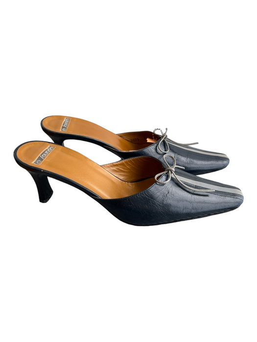 Le Saunda Shoe Size 37 Blue & Grey Leather Pointed Toe Bow Detail Mule Heels Blue & Grey / 37