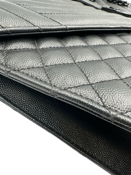 Yves Saint Laurent Black Sheepskin Magnetic Flap Quilted Chevron Bag Black / L