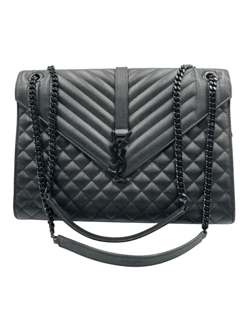 Yves Saint Laurent Black Sheepskin Magnetic Flap Quilted Chevron Bag Black / L