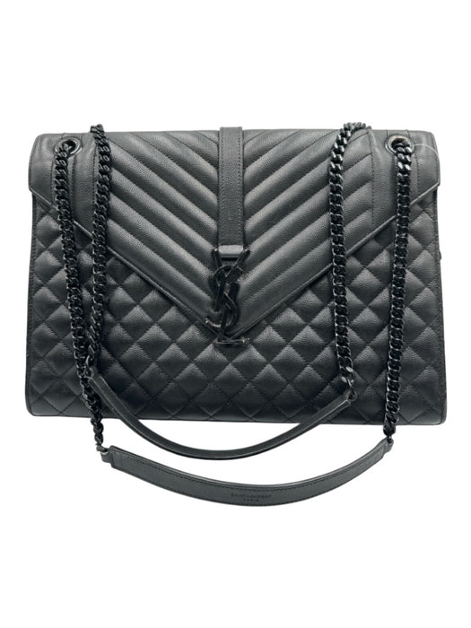 Yves Saint Laurent Black Sheepskin Magnetic Flap Quilted Chevron Bag Black / L