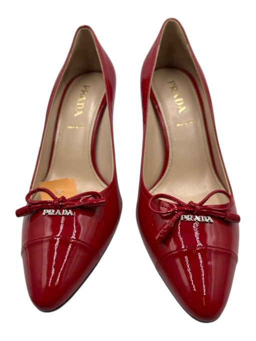 Prada Shoe Size 38 Red Patent Leather Bow Pointed Toe Mid Heel Logo Pumps Red / 38