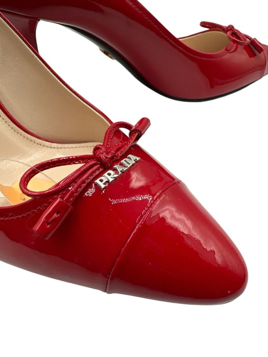 Prada Shoe Size 38 Red Patent Leather Bow Pointed Toe Mid Heel Logo Pumps Red / 38
