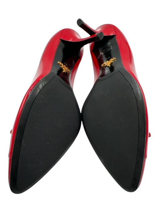 Prada Shoe Size 38 Red Patent Leather Bow Pointed Toe Mid Heel Logo Pumps Red / 38