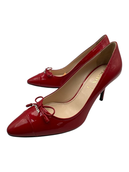 Prada Shoe Size 38 Red Patent Leather Bow Pointed Toe Mid Heel Logo Pumps Red / 38