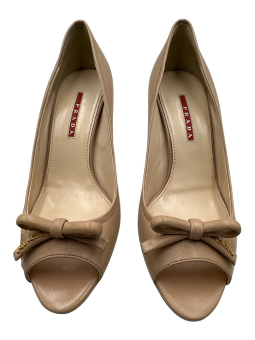 Prada Shoe Size 38 Pink Beige Leather Bow Peep Toe Mid Heel Pumps Pink Beige / 38