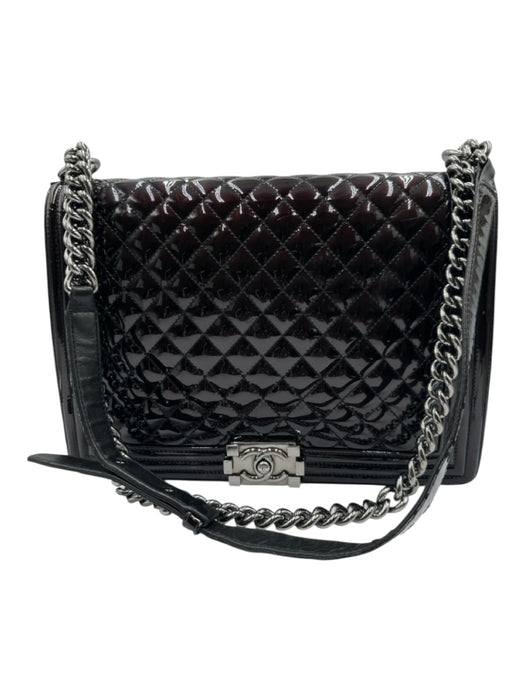 Chanel Dark Brown & Black Patent Leather Flap Quilted Pinch Lock Chain Strap Bag Dark Brown & Black / Large
