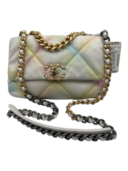 Chanel White & Multi Leather Flap Quilted Dual Tone Chain Interlocking CC Bag White & Multi / Small