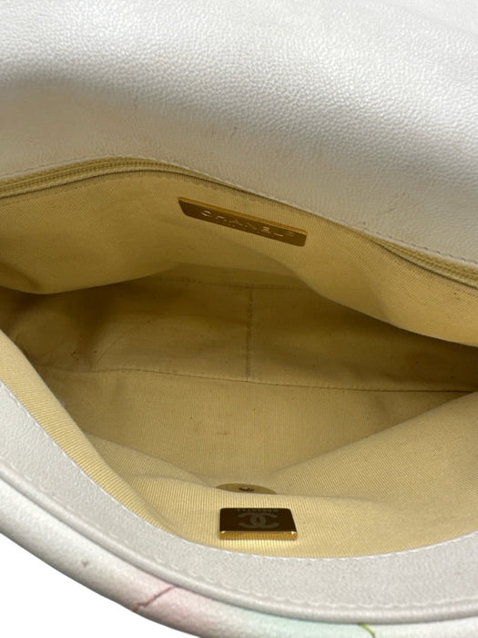 Chanel White & Multi Leather Flap Quilted Dual Tone Chain Interlocking CC Bag White & Multi / Small