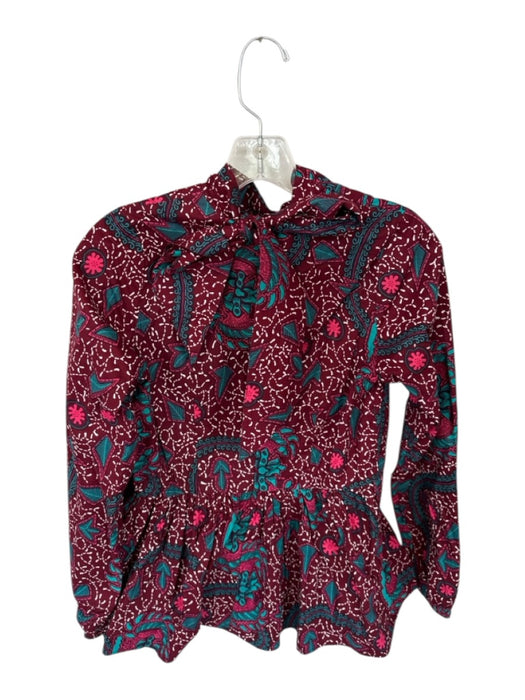 D'iyanu Size S Burgundy Cotton Long Sleeve Floral high neck Flare Top Burgundy / S