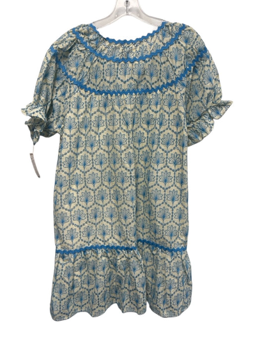 Umgee Size XL Blue & Cream Cotton Short Sleeve Ric Rac Scalloped Trim Dress Blue & Cream / XL