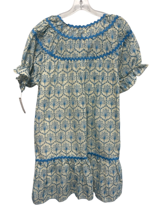 Umgee Size XL Blue & Cream Cotton Short Sleeve Ric Rac Scalloped Trim Dress Blue & Cream / XL