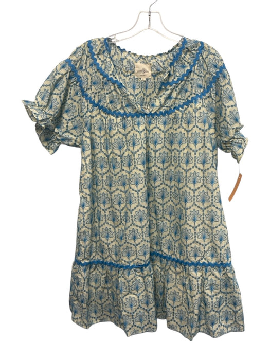 Umgee Size XL Blue & Cream Cotton Short Sleeve Ric Rac Scalloped Trim Dress Blue & Cream / XL