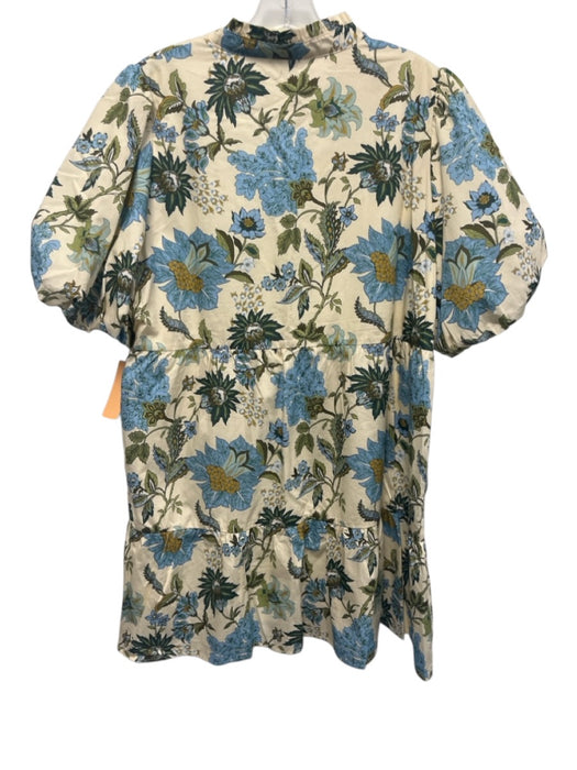 THML Size XL Cream & Multi Cotton Tiered Floral Print Split V neck Pockets Dress Cream & Multi / XL