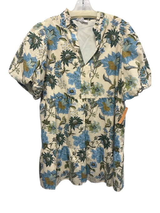 THML Size XL Cream & Multi Cotton Tiered Floral Print Split V neck Pockets Dress Cream & Multi / XL