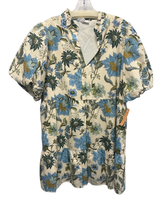 THML Size XL Cream & Multi Cotton Tiered Floral Print Split V neck Pockets Dress Cream & Multi / XL