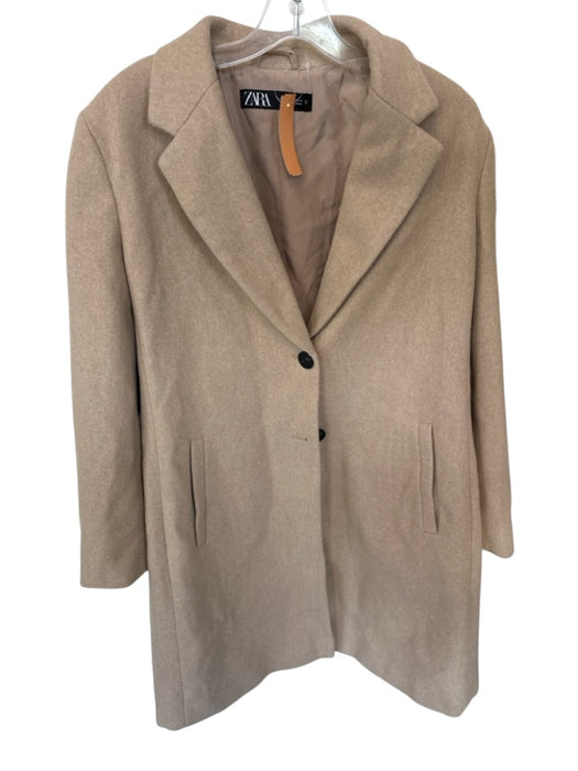Zara Size XL Tan Polyester Buttons Pockets Shoulder Pads Coat Tan / XL
