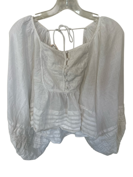 Anthropologie Size XL White Cotton Embroidered Tie Long Balloon Sleeve Flowy Top White / XL
