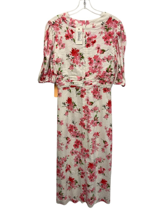 LaRoque Size S White, Pink, Green Cotton Flax Blend V Neck Floral Midi Dress White, Pink, Green / S