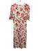LaRoque Size S White, Pink, Green Cotton Flax Blend V Neck Floral Midi Dress White, Pink, Green / S