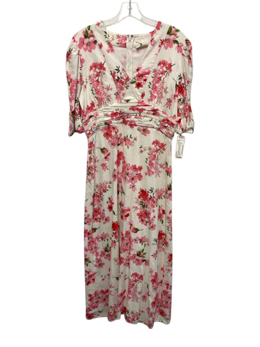LaRoque Size S White, Pink, Green Cotton Flax Blend V Neck Floral Midi Dress White, Pink, Green / S