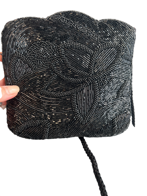 No Brand Black Beaded Top Zipper Cord Strap Shoulder Evening Bag Black / Small
