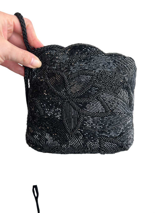 No Brand Black Beaded Top Zipper Cord Strap Shoulder Evening Bag Black / Small