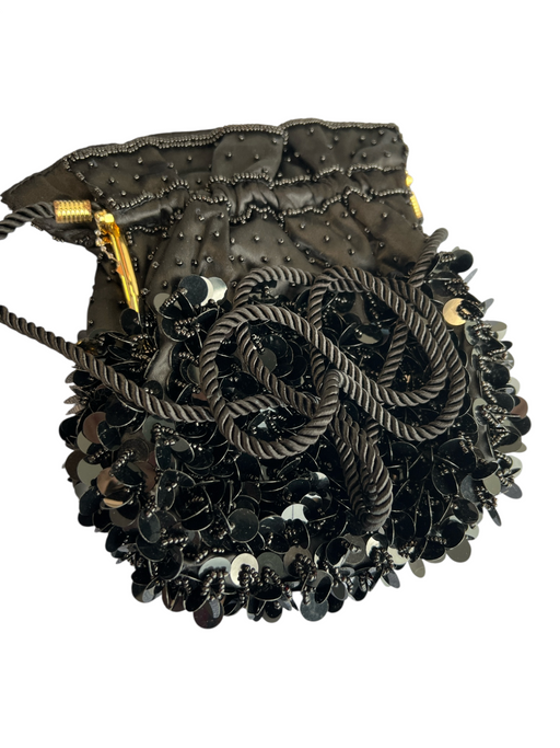 No Brand Black Beaded Sequins Hinged Cord strap Evening Bag Black / Small