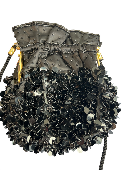 No Brand Black Beaded Sequins Hinged Cord strap Evening Bag Black / Small